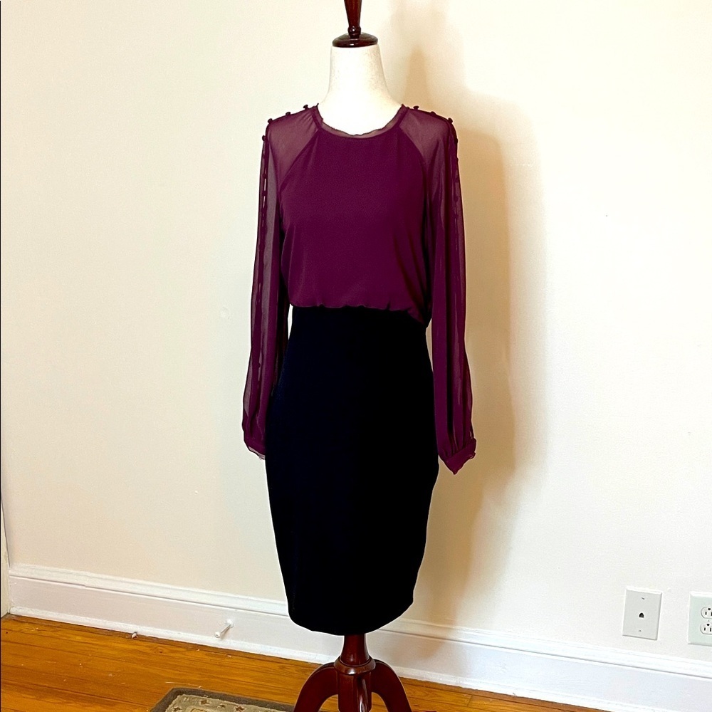 Badgley Mischka Long Sleeve Illusion Sheath Dress Burgundy/Black Size 4